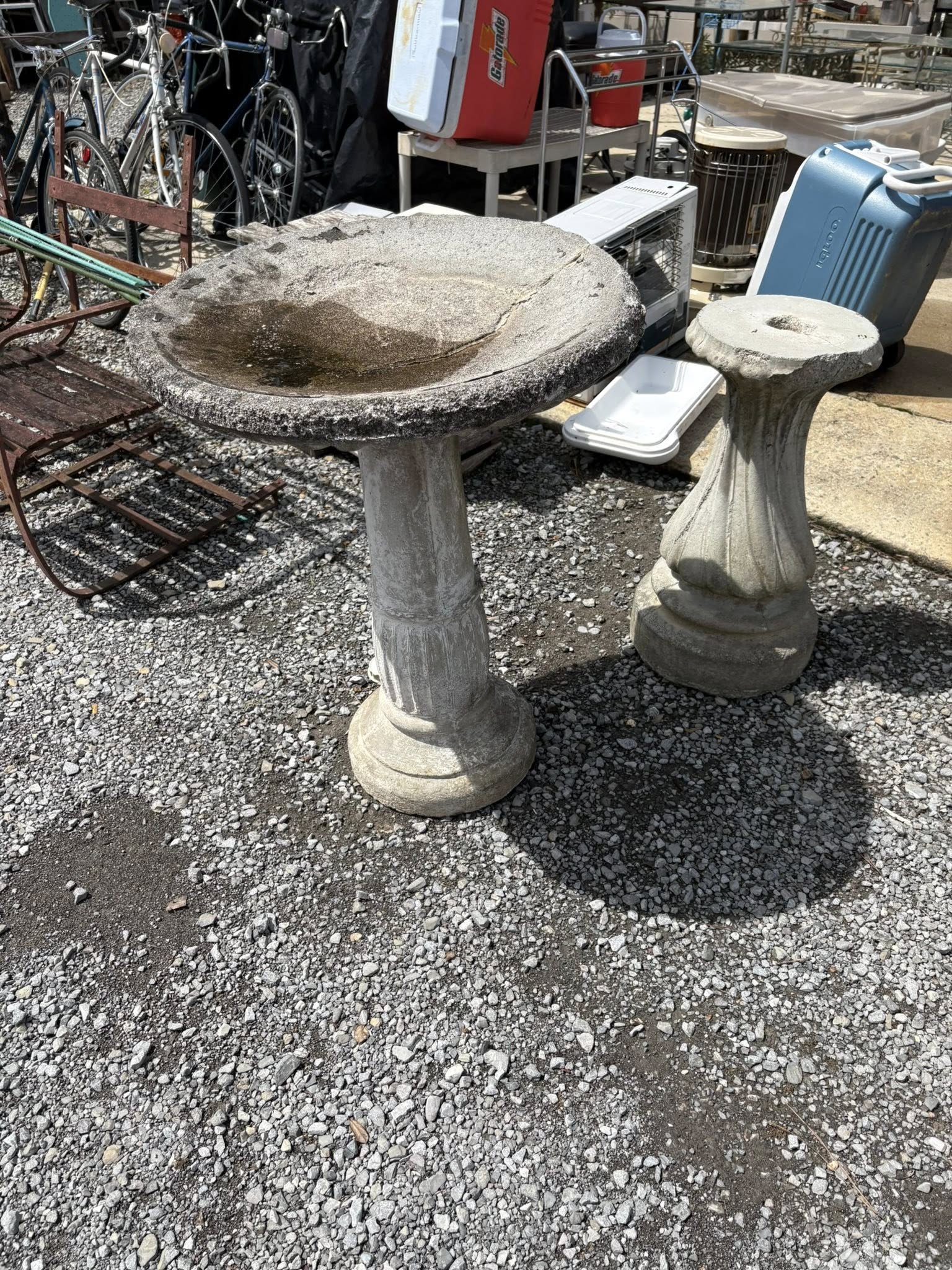 Close view of the stone birdbath texture
