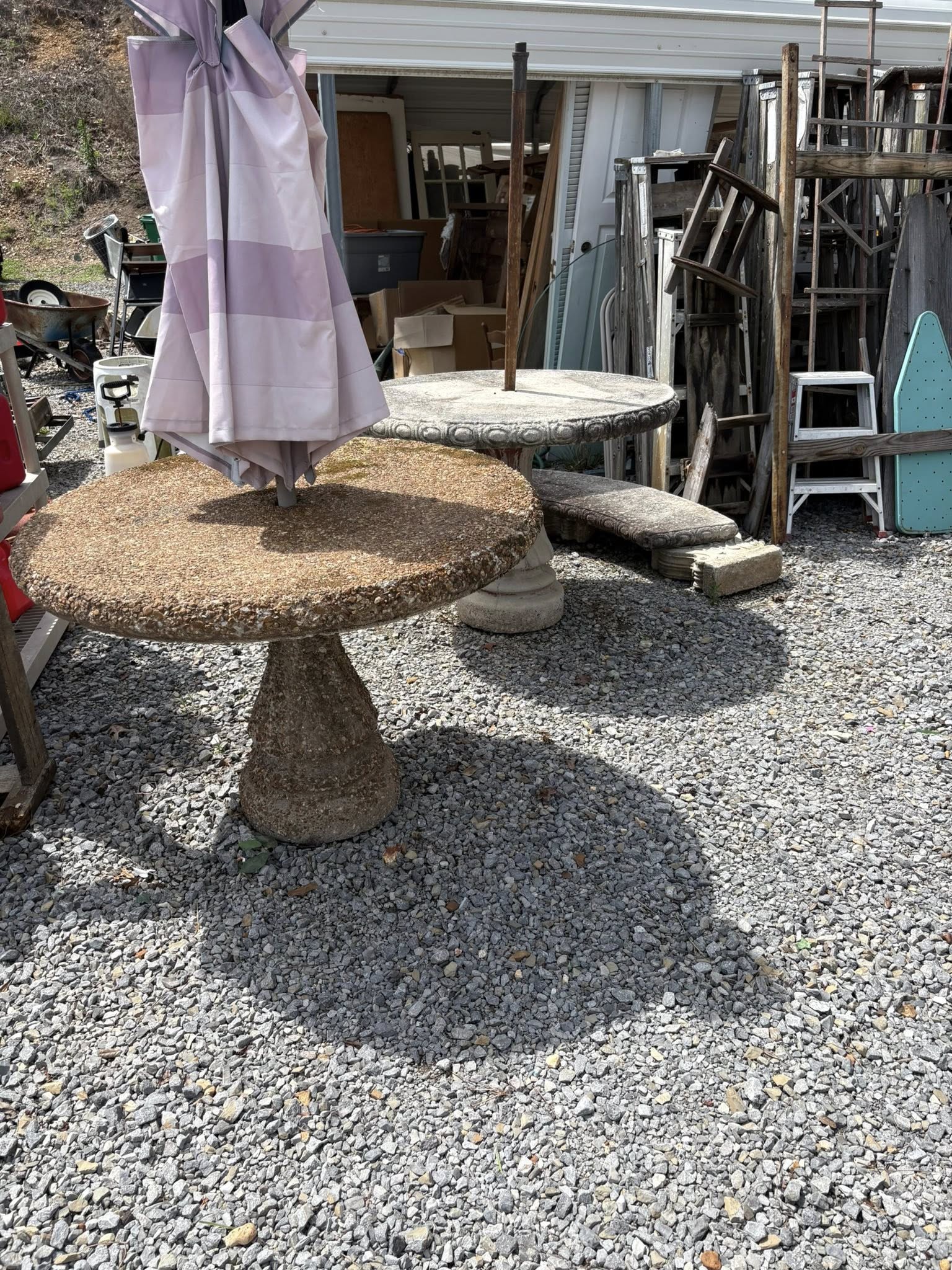 Stone birdbath set displayed outside Vintiques